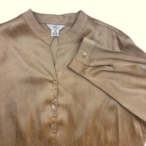 iOS Women XL Gold Raw Silk Button Up Tunic Blouse Mandarin Collar Long Sleeve